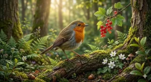 Alt text for image 4: A sharp, detailed image of a Robin near redcurrants, designed to illustrate the vibrant health and plumage supported by a balanced, pellet-based diet.