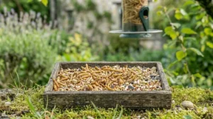 An adult male blackbird on a green lawn feeding softened mealworms to a speckled fledgling during the UK breeding season.
