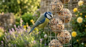 A close-up photorealistic illustration of a Blue Tit feeding from a mesh cage filled with fat balls for garden birds, with a soft-focus background of flowering lavender and yellow roses.