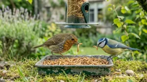 A small blue tit clinging to a mesh feeder specifically designed for dried mealworms against a soft-focus garden background.