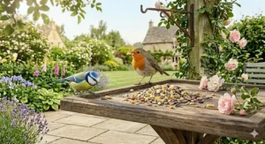 A Blue Tit and a Robin feeding on a no mess wild bird seed mix spread across a traditional wooden bird table.