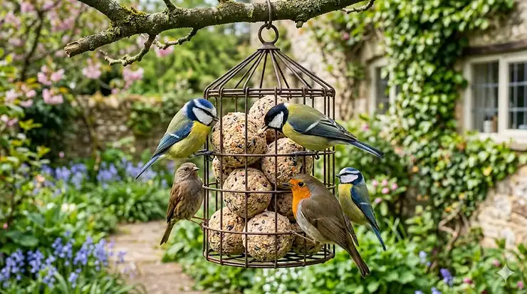 A high-definition photograph of common British garden birds, including Blue Tits, a Robin, and a Great Tit, feeding from a rustic wire cage feeder filled with suet fat balls in a Cotswolds cottage garden. fat balls for garden birds fat balls for garden birds