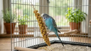 A blue British budgerigar perched inside a wire bird cage, feeding on a long yellow millet spray stalk.