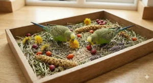 Two Budgerigars ground foraging in a shallow wooden tray filled with dried lavender sprigs, millet, rosehips, and dandelion heads.