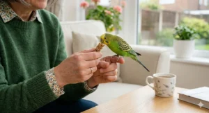 A small budgie perched on a finger eating spray millet as a reward during a training session.