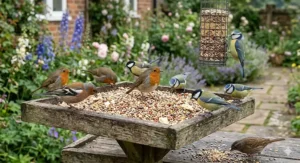 Premium cereal-free wild bird food mix containing hemp, canary seed, and red dari to reduce waste.