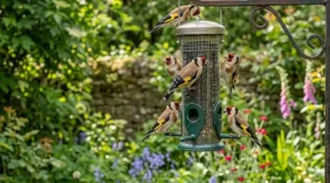 A charm of goldfinches gathered around a hanging niger seed bird feeder during a UK spring morning.