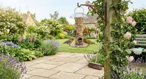 A tidy Cotswold stone garden patio beneath a bird feeder, demonstrating the mess-free benefits of waste-free bird food.