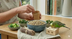 A final balanced meal for a pet bird featuring high-quality pellets served with fresh chopped broccoli and kale.