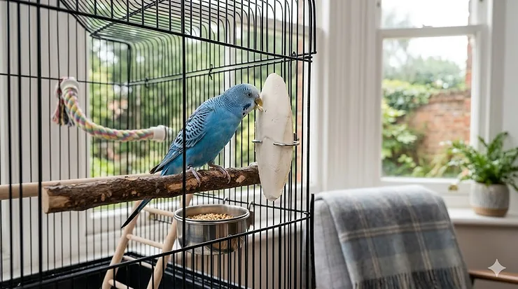 A colourful budgie perched on a wire cage bars nibbling on a natural white cuttlebone attached with a metal clip. cuttlebone for birds