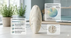 Diagram showing the high calcium and carbonate content in a cuttlebone for avian bone health and egg production.