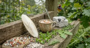 Vital mineral supplements for Gouldian finches featuring a whole cuttlefish bone, crushed eggshells, and mineralised bird grit.