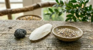 A natural cuttlefish bone and a bowl of oyster shell grit used for calcium and mineral supplementation.