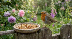 A ceramic dish filled with dried mealworms, a protein-rich wild bird food favoured by British Robins.
