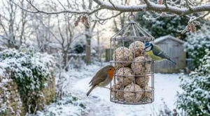 A photorealistic illustration of a frosted wire mesh feeder containing seedy fat balls in a snowy British garden, with a Robin and Blue Tit feeding during a cold winter day.