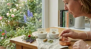 A pet budgie interacting with a DIY paper foraging toy containing hidden pellets to encourage natural feeding behaviour.