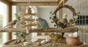 Small chunks of cuttlebone mixed into a bird foraging tray with seeds and dried herbs to encourage natural behaviour.
