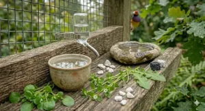 A clean gravity-fed water dispenser and a stone bird bath providing essential hydration for finches in a UK aviary.