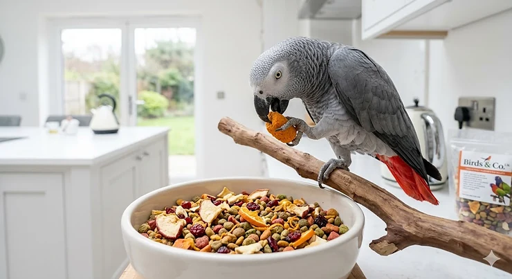 A colourful variety of fruit flavoured pellets for birds in a ceramic bowl, with a pet parrot enjoying the nutritional snack in a modern British kitchen. fruit flavoured pellets for birds