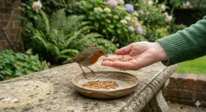 Dried mealworms in a ceramic dish, used as high-protein treats for taming garden birds like robins.