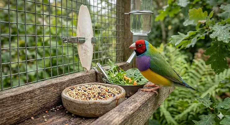 A colourful Gouldian finch perched on a wooden garden aviary feeder with a balanced seed mix and cuttlefish bone, illustrating primary diet requirements for UK bird keepers. Gouldian finch diet requirements