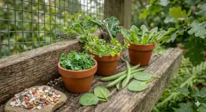 Selection of fresh, bird-safe greens including kale, spinach, and dandelion leaves served in terracotta pots for Gouldian finch nutrition.