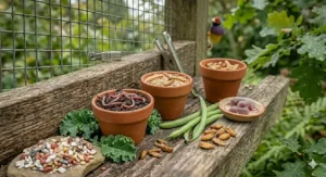 An assortment of live food protein sources for Gouldian finches, including mealworms and small earthworms in garden pots.