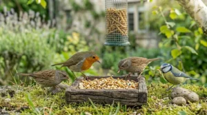 A timber ground-feeding tray placed on a patio, stocked with dried mealworms to attract ground-feeding species like dunnocks and thrushes.