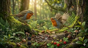 Alt text for image 7: An intricate scene showing a Robin and Blue Tits in a garden, illustrating how different British species interact with supplemental feeding stations.