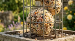 A detailed close-up showing a premium fat ball with visible seeds, crushed peanuts, and grains embedded in high-energy beef suet, held within a weathered wire mesh feeder.