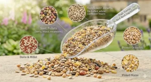 Detailed illustration of high-energy ingredients like suet pellets, peanut granules, and flaked maize in a no mess bird seed mix.