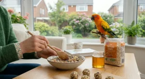 An illustration showing bird-safe ingredients like oats and honey used to make DIY training rewards.