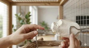 Step-by-step guide showing how to secure a cuttlebone to a birdcage using a plastic holder or metal wire.