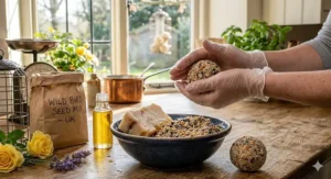 A pair of gloved hands rolling a seedy fat ball over a ceramic bowl of suet and birdseed, with a paper bag labelled 'WILD BIRD SEED MIX - UK' on a wooden counter.