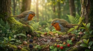Alt text for image 6: A high-quality visual of birds foraging on a moss-covered log for worms and berries, used to compare natural foraging with the complete nutrition found in the best bird pellets.