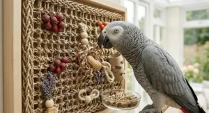 An African Grey parrot interacting with a complex foraging wall made from a woven seagrass mat with hidden monkey nuts and dried lavender.