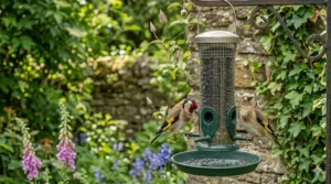 A pair of adult European goldfinches showing distinctive yellow wing bars while sharing a niger seed feeder.