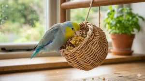 A small parrotlet foraging for millet spray tucked inside a natural wicker hanging basket toy near a window.