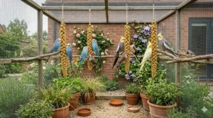 A variety of birds, including budgerigars, cockatiels, and finches, feeding together on millet sprays in a large outdoor British aviary.