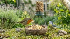 A wooden scoop mixing dried mealworms into a diverse blend of sunflower hearts and striped seeds for a nutritious bird feed mix.