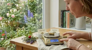 A bird owner demonstrating eating motions with bird pellets at a table to encourage their pet parrot to try the new food.