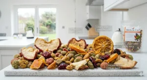 Macro photography of multi-coloured pellets highlighting the texture and real fruit fragments like dried apple and orange for enhanced palatability.