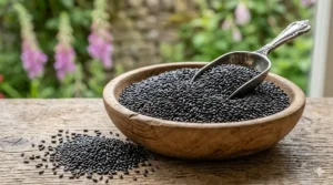A close-up view of tiny, black, oil-rich niger seeds used for attracting goldfinches and siskins.