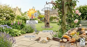 Infographic explaining how heat-treated seeds in a no mess wild bird seed mix prevent weeds from sprouting on garden paths.