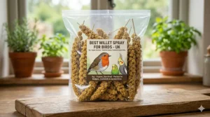 A clear 1kg bag of organic millet spray for birds featuring a professional label with a robin, budgerigar, and cockatiel.
