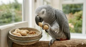 An African Grey parrot perched on an oak branch, using its beak and foot to open an unshelled monkey nut as a foraging reward.