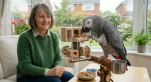A wooden foraging toy filled with hidden treats to encourage natural searching behaviour in pet birds.