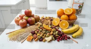 A healthy pet African grey parrot perched in a clean kitchen environment, happily eating fruit flavoured pellets for birds from its feeder.
