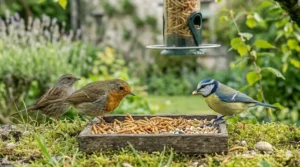 A flat-lay arrangement of premium dried mealworms, showcasing their texture and quality as a high-protein supplement for wild birds.