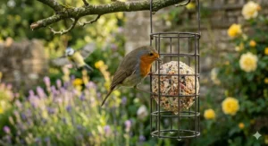 An energy-rich fat ball free of plastic netting held in a dark metal wire cage feeder, with a European Robin perched on the side to demonstrate safe feeding practices.